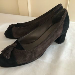 Sesto Meucci Two-Tone Suede Pumps w/ Tassel | Black & Brown | 2” Stack Heel